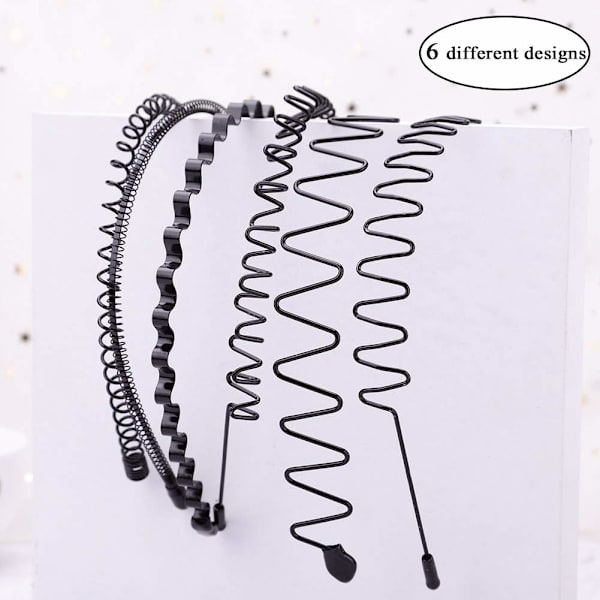 6 st metallhårband svart hårbåge fjäder våghårband multi-style unisex flexibla hårband accessoarer för kvinnor män
