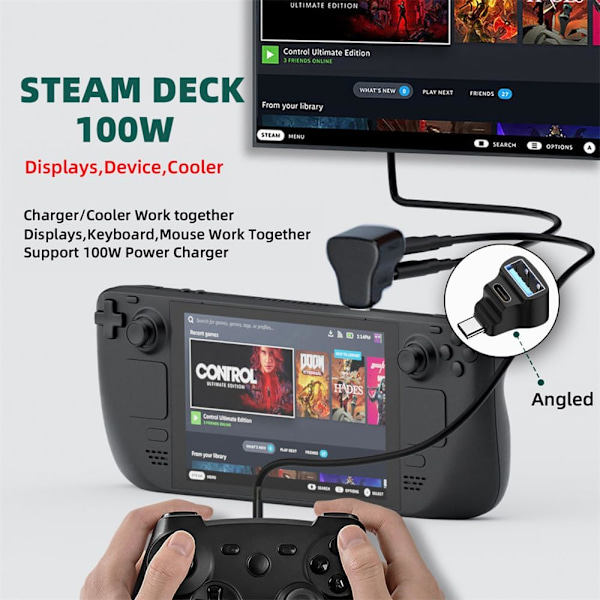 10 Gbps USB 3.0 tyypin C uros naar kaksi tyypin A naaras OTG & tyypin C naaras virta- ja dataliitäntäsovitin kulmassa yhteensopiva Steam Deck -kannettavan kanssa
