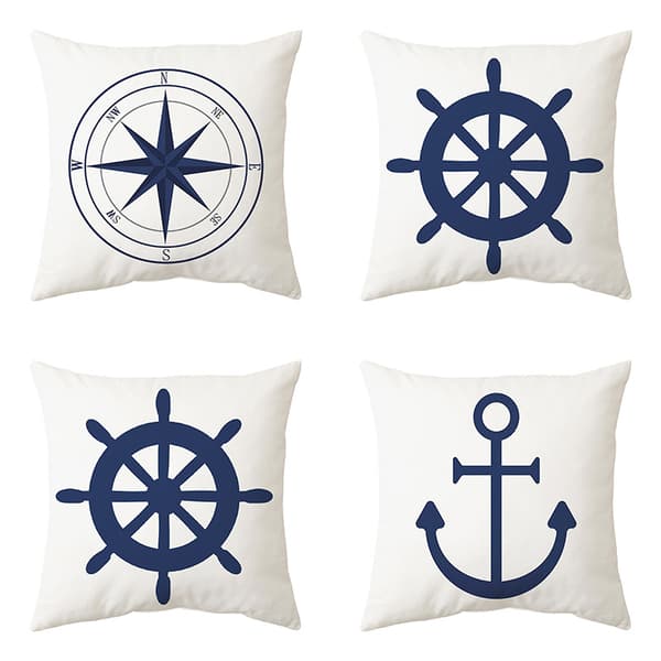 Set of 4 Nautical Pillowcases, Maritime Anchor Pattern, 45 x 45