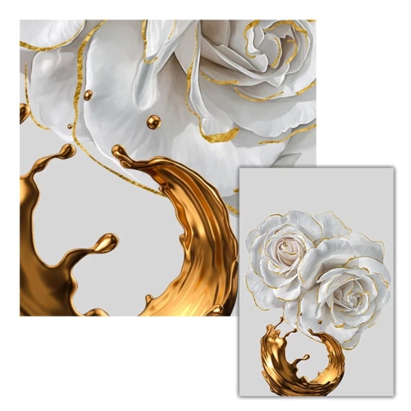 Ylelliset kangasjulisteet - Wall Art / Gold Leaf White Rose - Väri: Kultavalkoinen kuviollinen 3-osainen set (20x30cm)