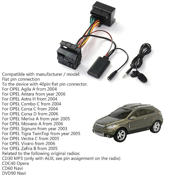 Bluetooth-kompatibel 5.0 extern mikrofon ljud-aux-kabeladapter för Opel Cd30 Cdc40 Cd70 Dvd90