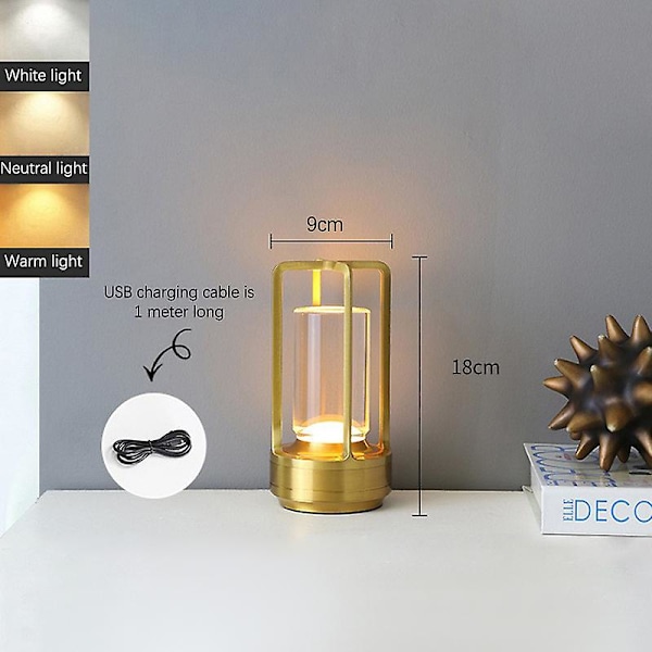 Trådløs bordlampe, 3 farger trinnløs dimming LED bordlampe med berøringssensorBY Gold
