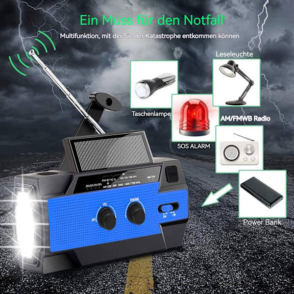 Nödradio med vev, solceller och AM/FM, inbyggd 4000 mAh