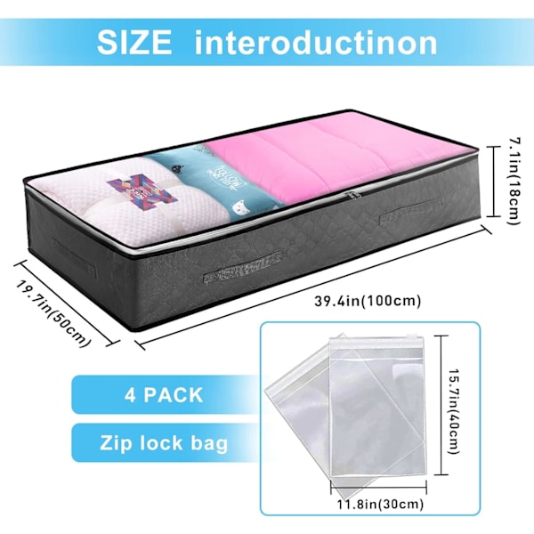 Underbed Oppbevaringspose 3-pakning 90L Stor Under Bed Oppbevaringsboks med 4 x Store Glidelåsposer