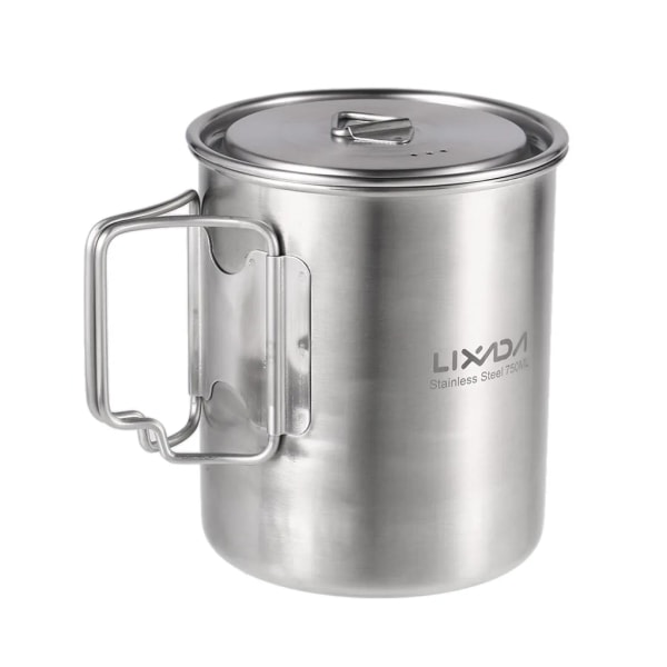 Lixada 750 ml Cup Outdoor ruostumattomasta teräksestä valmistettu vesikuppi taitettavalla kahvalla ja kannella retkeilyretkeilyyn