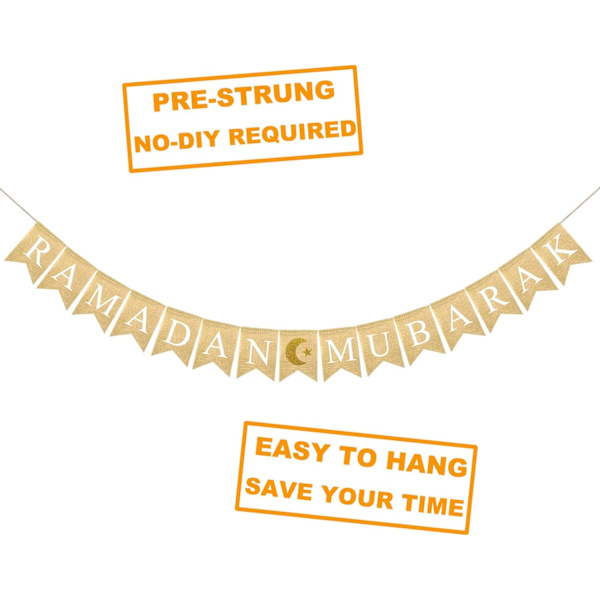Ramadan Mubarak Burlap Banner med Glitter Måne og Stjerne Skilt Ramadan Mubarak Bunting Banner