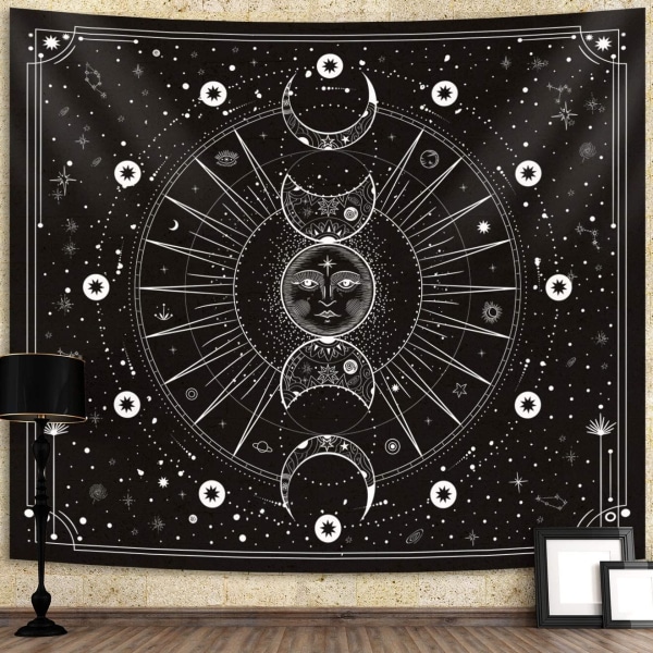 Sun Moon Tapestry Psykedelisk sort og hvid vægtapet Vægtapet til vægdekoration til hjemmet i soveværelset (Mystisk sort, 51,2x59,1 tommer, 130x150 cm)