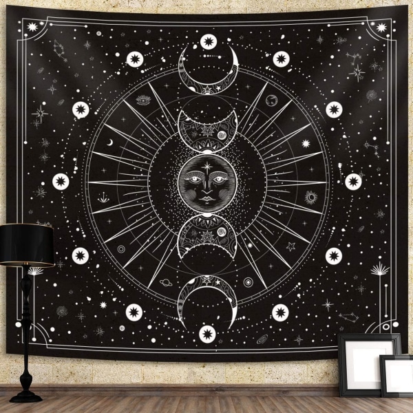 Sun Moon-teppet Psykedelisk svart og hvitt veggteppe veggteppet for veggdekor på soverommet (Mystisk svart, 51,2x59,1 tommer, 130x150 cm)