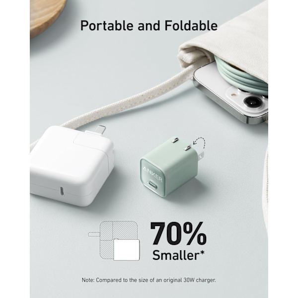 Oplader, USB C GaN Oplader 30W, PIQ 3.0 Foldbar PPS Hurtiglader til iPhone 16 / 15 og flere serier, Galaxy, iPad, Kompatibel med MagSafe (sort) black