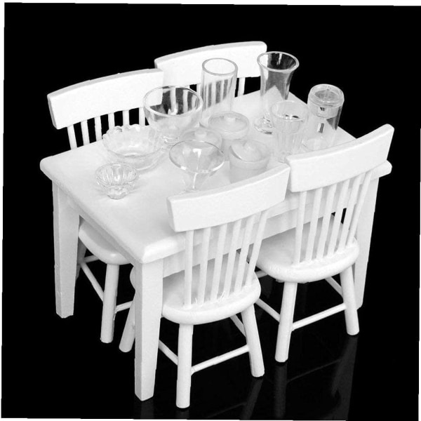 Miniature spisestue hvid bordstol dukkehus Stilfuldt bærbart mini træmøbelsæt til piger 5 STK Gave til børn