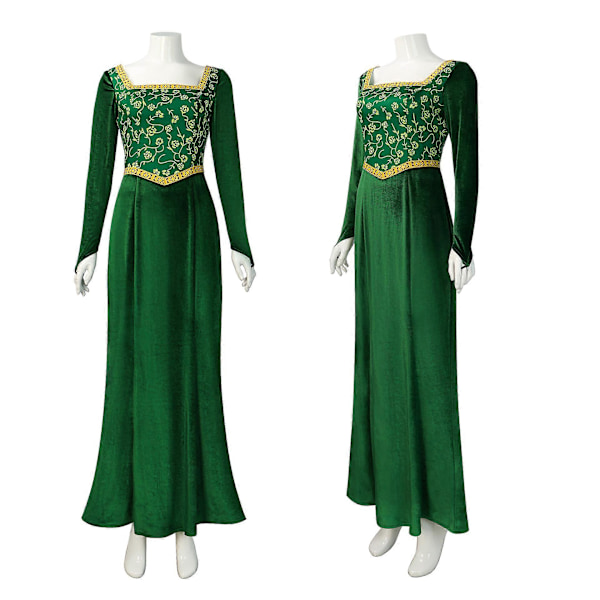 Shrek Cosplay Kostymer 2024 Prinsessan Fiona Tryckt Klänning Kvinnor Sexig Kvadratisk Hals Velvet Långärmad Klänning Halloween Karneval Kläder Grön green M