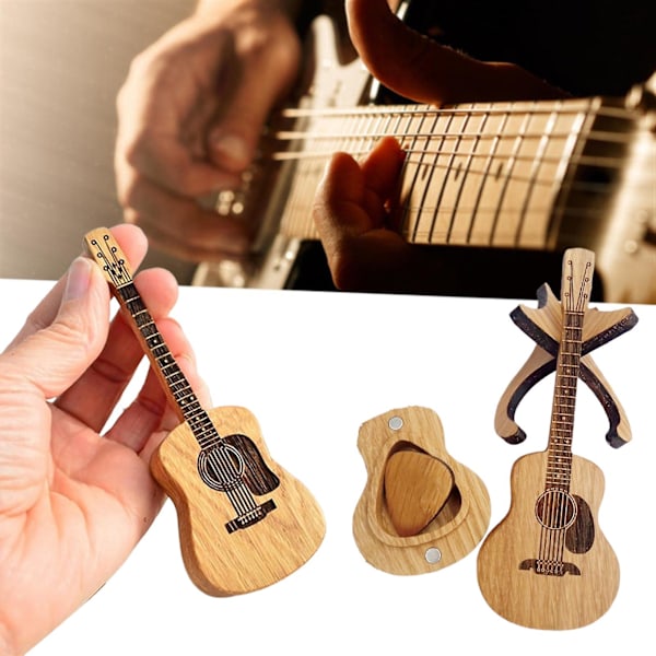 Akustisk gitarrplektrumbox i trä med ställ, släta kanter, gradfri, portabel, handgjord förvaringsbehållare för gitarrplektrum