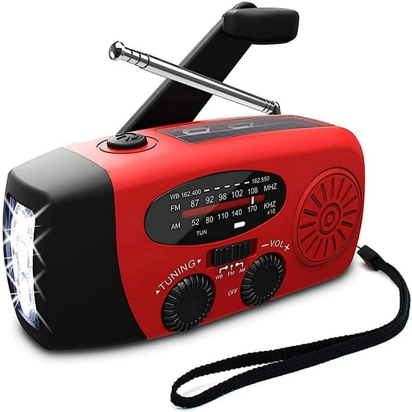 Solar radio, portable crank radio, dynamo radio with AM/FM, emergency radio with crank, LED flashlight, USB cell phone charger for camping outside