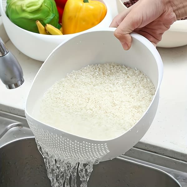 Hvit risvask- og drensingskurv, 2 stk. plastsil med håndtak, stor kapasitet