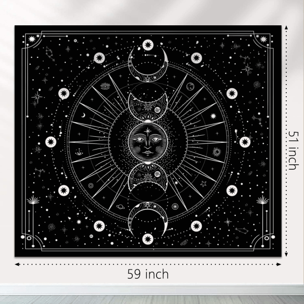 Sun Moon Tapestry Psykedeelinen mustavalkoinen seinävaippa Makuuhuoneen kotiseinän sisustukseen (Mysterious Black, 51,2x59,1 tuumaa, 130x150 cm)