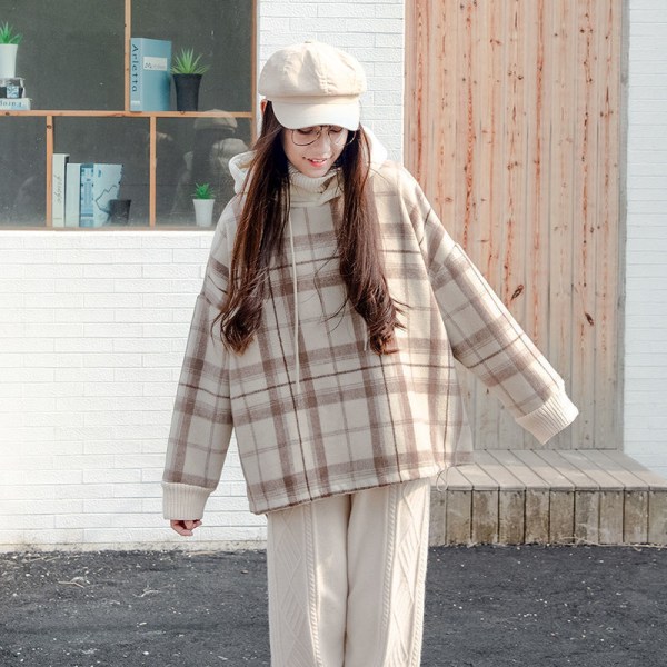 Damer Harajuku Plaid Hoodies Falsk Todelt Fleece Højhalset Trøje Apricot L