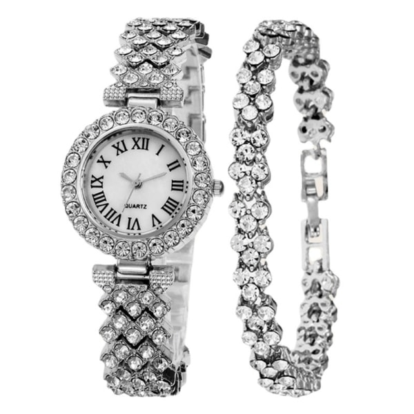 Watch för kvinnor Stålarmband Kärleksbälte Rhinestone Quartz Watch Mode (silver)