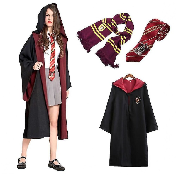 Voksen troldmand Harry Potter kostume frakke kostume cosplay 3pcs gul L rød