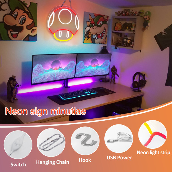 Gaming Neon-skilt, Sopp Neon-skilt for Spillromdekor, Man Cave, Barnerom - Gaming Sopp Veggdekor - Gamer Gaver for Gutter, Barn (Rød)