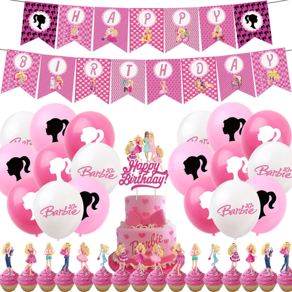 För Barbie Tema Dekoration Rosa Ballonger Dra flagga Banner Tårta Insatskort Set Flickor Födelsedagsfest Tillbehör Ornament