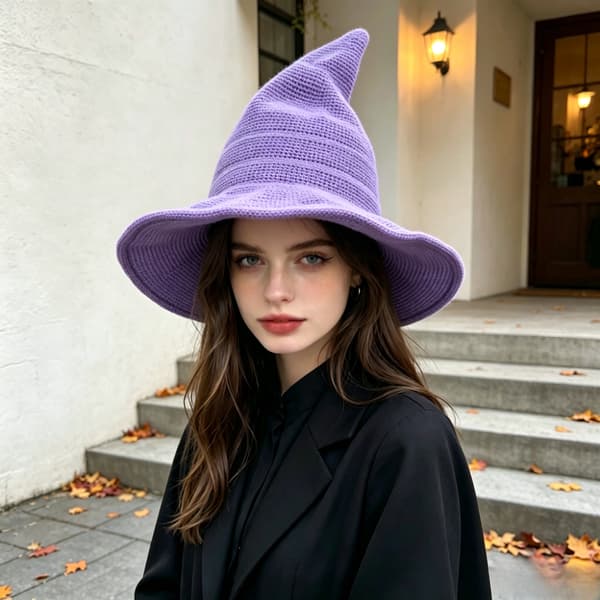 Sammenfoldelig Strikket Heksehat Til Kvinder Halloween Fest Cosplay Dekoration Beige