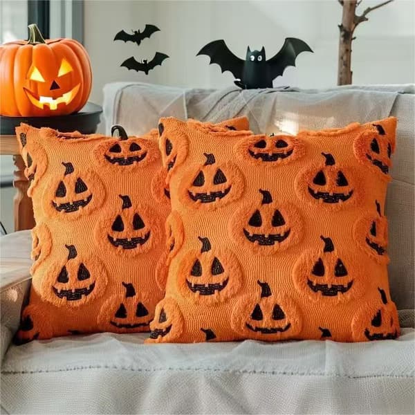 Halloween Broderet Græskar Spøgelse Pudebetræk 45x45cm, Dekorativt Pudebetræk til Sofa og Soveværelse White Evil Pumpkin 45*45 (excluding pillow insert)
