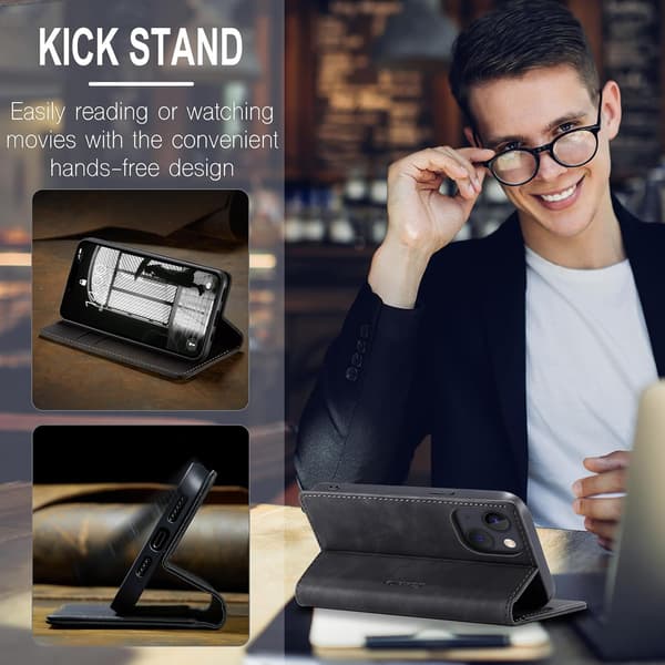iPhone 14 8G skyddsfodral, PU-läder flip plånboksfodral med kortfack. black
