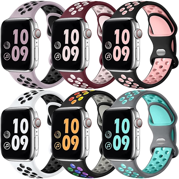 6 kpl urheilurannekkeita, jotka ovat yhteensopivia Apple Watch -rannekkeen 44 mm, 45 mm, 42 mm, 41 mm, 40 mm, 38 mm ja 49 mm kanssa, hengittävä pehmeä silikoniurheiluranneke Apple Wa -kellolle