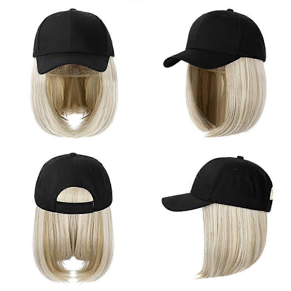 Baseballcaps med Hårextensions Rett Kort Bobfrisyre Justerbar Avtakbar Parykkhatt 35 cm for Kvinner Jente Medium Bleket Blond-Rett Hår
