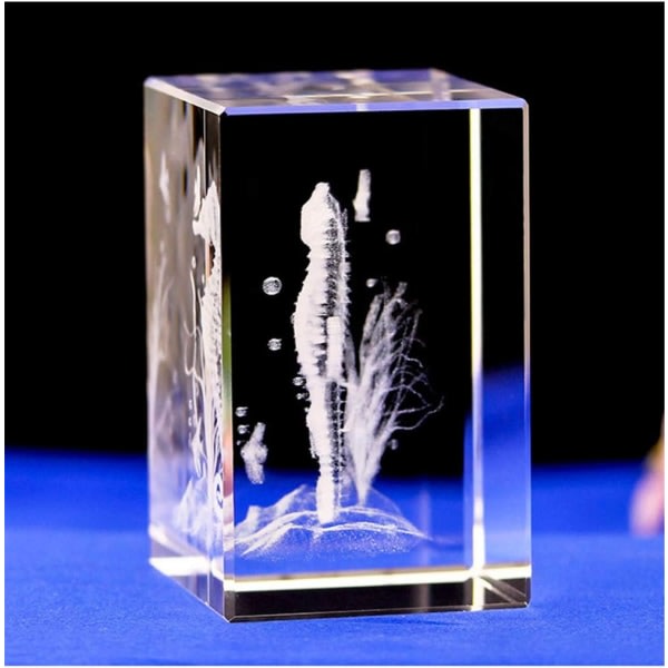 Kristallilasinen merihevonen patsasmalli, 3D-laseretsattu kristallimerihevonenfiguurit, eläinkristallilasikuutio, kaiverrus merihevoskoristeet (5*5*8cm)