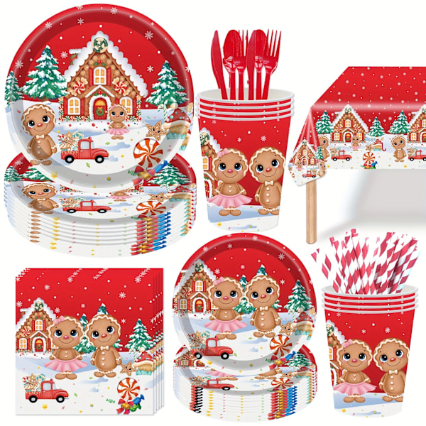 Piparkakkujoulujuhlat - 69 osan setti paperilautasia, -liinoja, -mukija ja pöytäliinaa 16 vieraalle - Täydelliset juhlatarvikkeet jouluun gingerbread man paper plate 69pcs