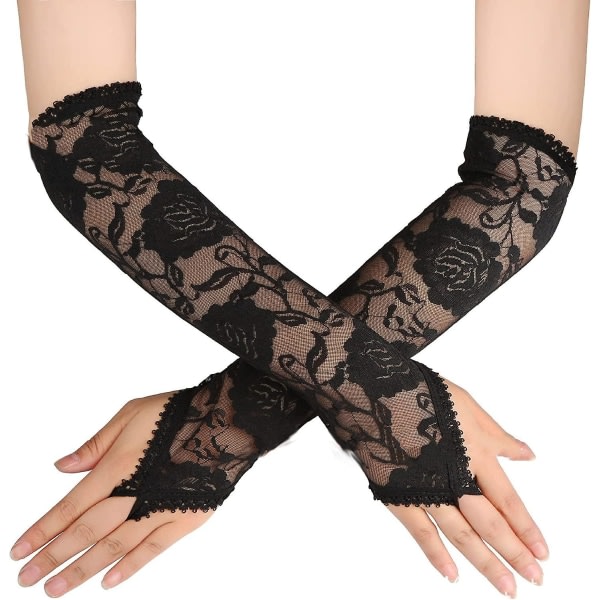 Långa festhandskar Svarta sexiga spetshandskar Fingerlösa bröllopshandskar 1920-talets moderna handskar