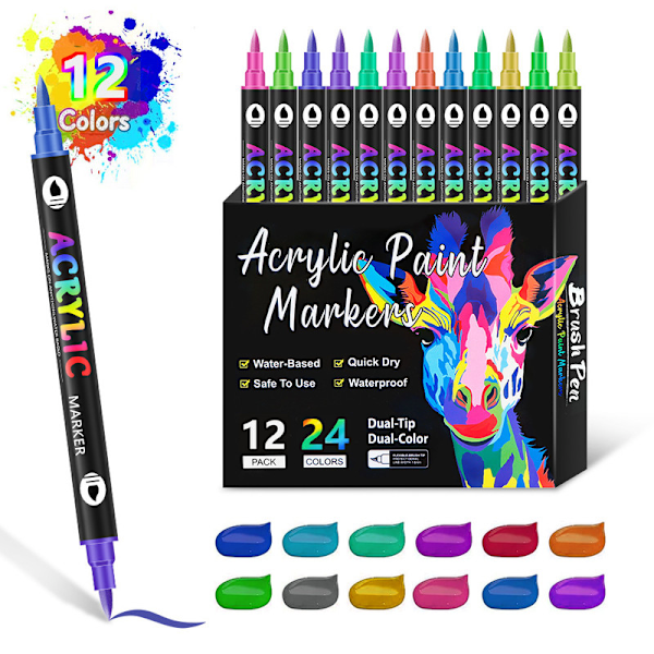 Akrylmalingpenner, permanente akrylmalingpenner med fin spiss og penselspiss 12PCS