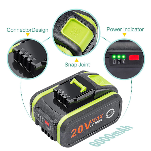 6.0 Ah Fr Worx 20V Li-ion Batteri Wa3553 Wa3551.1 Wa3553.1,wa3572 Wx386 Elværktøj