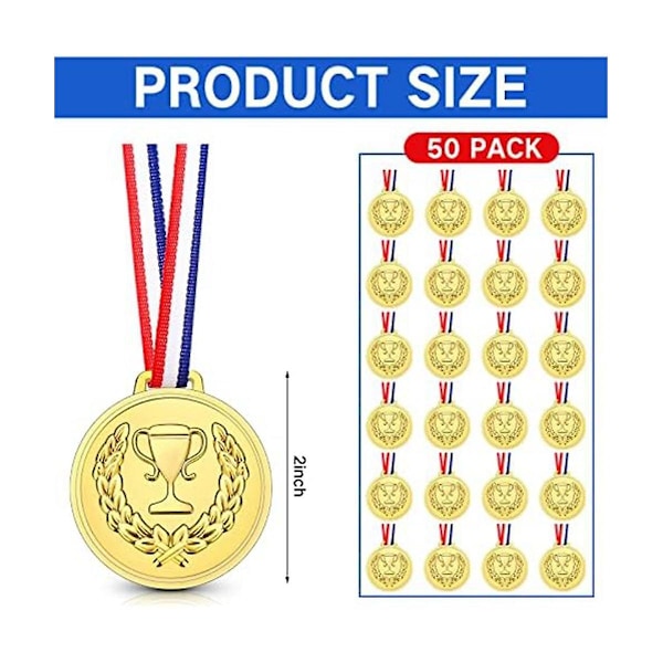 50 kpl Muovisia kultamitaleja lapsille, 6 cm Pokaalin voittajamitalit palkintoihin kaulakorulla, osallistumismitalit Db gold
