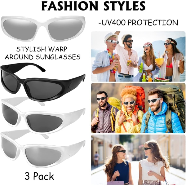 3 kpl Wrap Around -urheilulasit, muodikkaat ajamiseen, pyöräilyyn, kalastukseen, juoksuun, aurinkolasit UV400