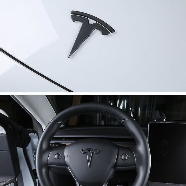 3x Matt Svart T-logo Huv Bagasjerom Ratt Merke Emblem for Tesla Model Y