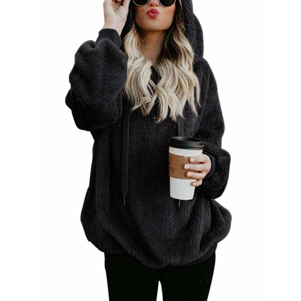 Damegenser med hette i teddyfleece, høst og vinter Black L