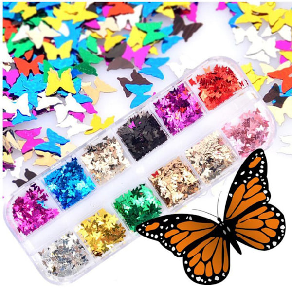 12 Färger Fjäril Glitter Nagelpaljetter Nagelkonst Flakes Färgglada Konfetti Glitter Dekaler 0.1