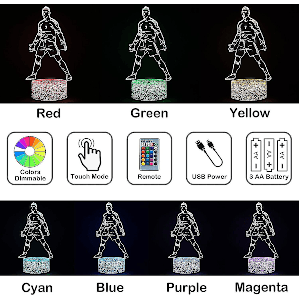 Portugal Fotballspiller Ronaldo #7 Nattelys for Gutter, 16 Fargeendrende Dimmbare med Fjernkontroll Rom Fotballdekor, Bordlampe for Fotballfans Barn T