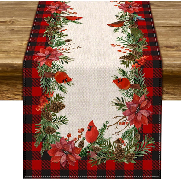 Julebordløber med Kardinal, Buffalo Plaid Tjek, Julestjerne, Kristtorn, Jul, Vinter, Hjemmedekoration (33×275cm) 13" x 108" size