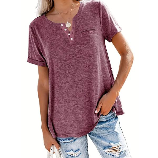 Plus Size T-skjorte med knappestolpe og korte ermer, Kvinner Plus Lett Stretch Casual Tee