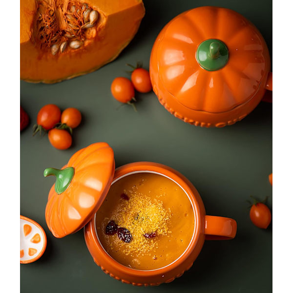 Teknisk søt gresskar-krus, keramisk kaffekrus, 8,5oz tekopp med lokk (krus + skje + silikonhånd (skrell og stikk)) oransje 250ml kopp og skje og hånd pumpkin
