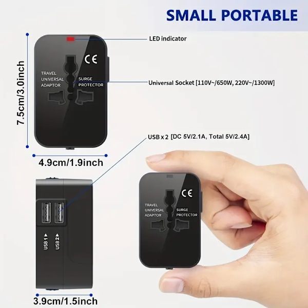 Reiseadapter med 2 USB-ladeportar, dobbel USB-lading