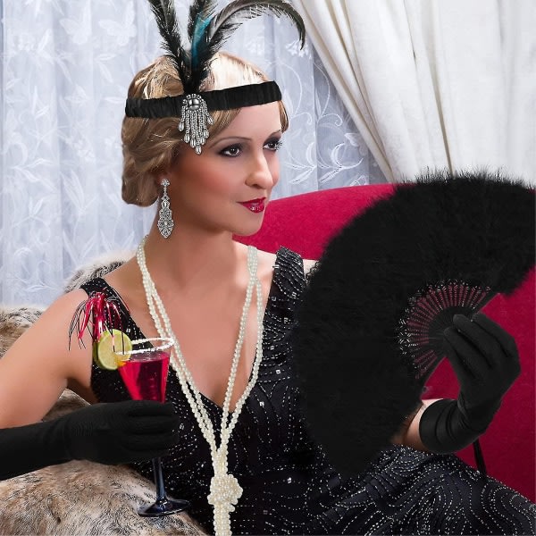 1920'er tilbehør til kvinder, Gatsby tilbehørssæt Fashion Roaring 20'er sæt, 7 stk pandebånd Lange sorte handsker Halskæde øreringe til kvinder stil A