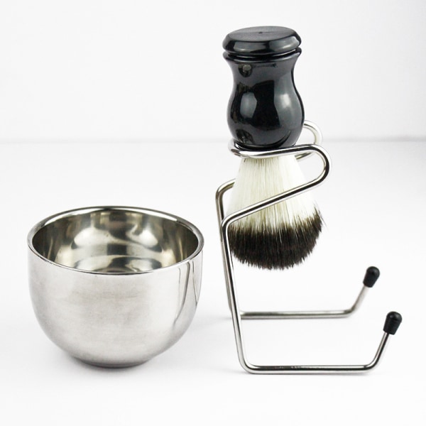 Barberbørstesett skjegggrevlinger med trehåndtak + barberskål i rustfritt stål + stativ