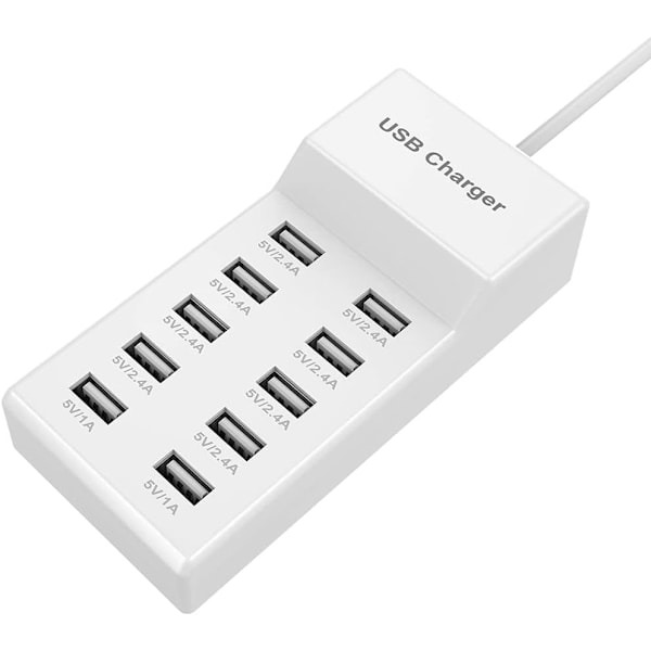 10-Ports USB-veggladerstasjon med automatisk deteksjonsteknologi for sikker lading - Familie-størrelse USB-porter for flere enheter, smarttelefon, nettbrett, bærbar PC