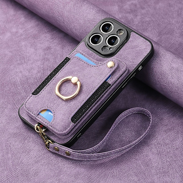 Plånboksfodral med RFID-skydd, kreditkortshållare, ringstativ, mobiltelefonfodral för iPhone 15 Pro/15 Pro Max 15 Ultra med handledsrem Lila Purple iPhone 15 Pro