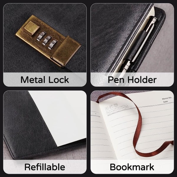 Dagbog med lås, A5 PU-læderjournal med lås 240 sider, Vintage Lock Journal Adgangskodebeskyttet notesbog med pen og gaveæske, 8,6 x 5,8 tommer