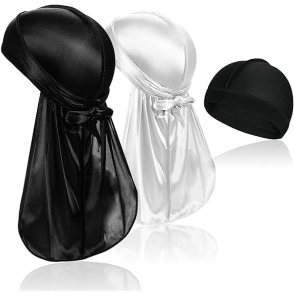 2 st Silk Caps med Lång Svans Huvudband och 1 st Silk Wave Cap Perfekt för Män 360 Vågor